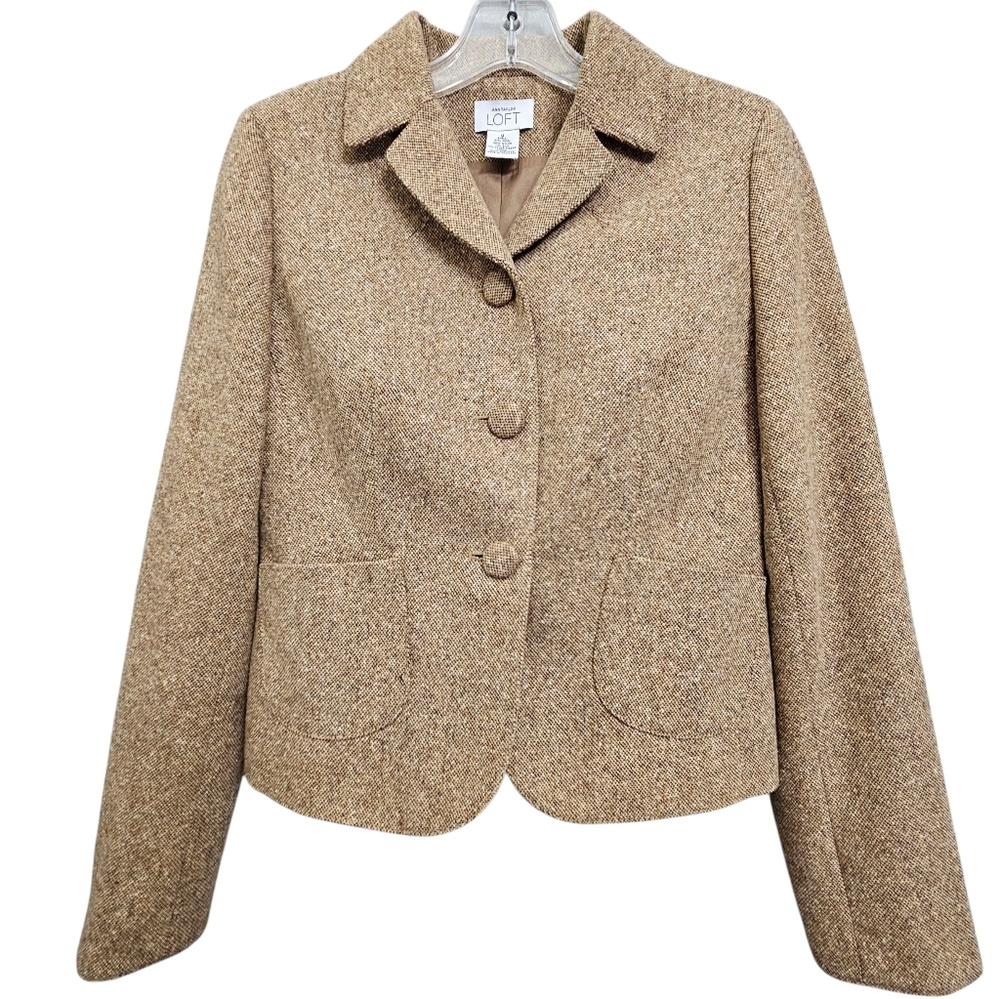 LOFT Brown Nwot Collared Longsleeve Wool/Silk Blend Button Front Tweed Blazer